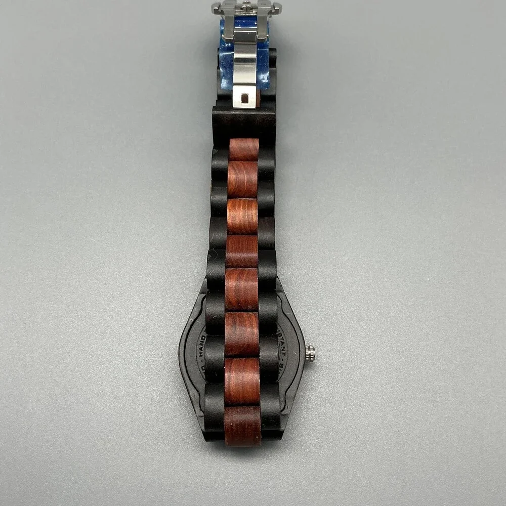 Bewell Womens Watch 31mm Black Dial Wood Bracelet Handcrafted New Battery 7.25